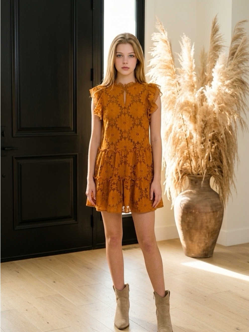 Blue Tassel Ruffled Lace Mini Dress